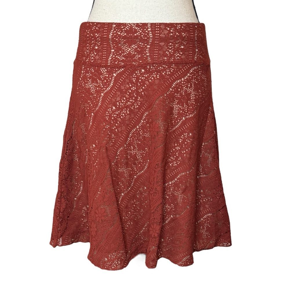 Y2K Forever 21 Rusty Red Boho Crochet Lace Print Midi Skirt Size Medium